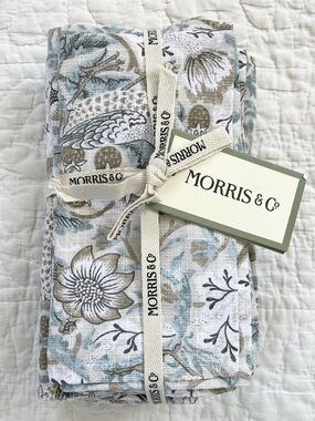 NWT Set of 8 Morris & Co Strawberry Thief Cotton Napkins Bird Blue Beige 20”